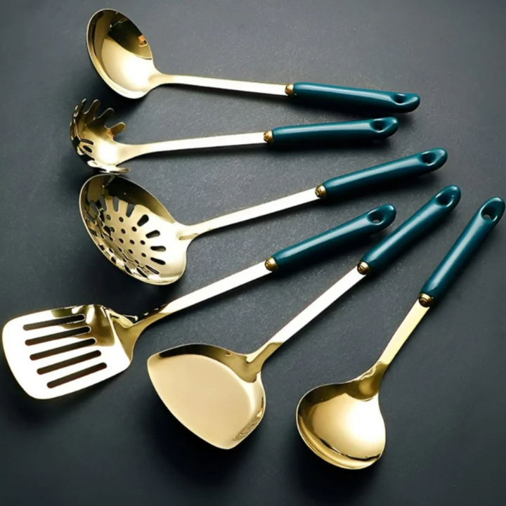 Golden Edelstahl Küchenutensilien-Set | Premium Kochbesteck mit Aufbewahrungsständer