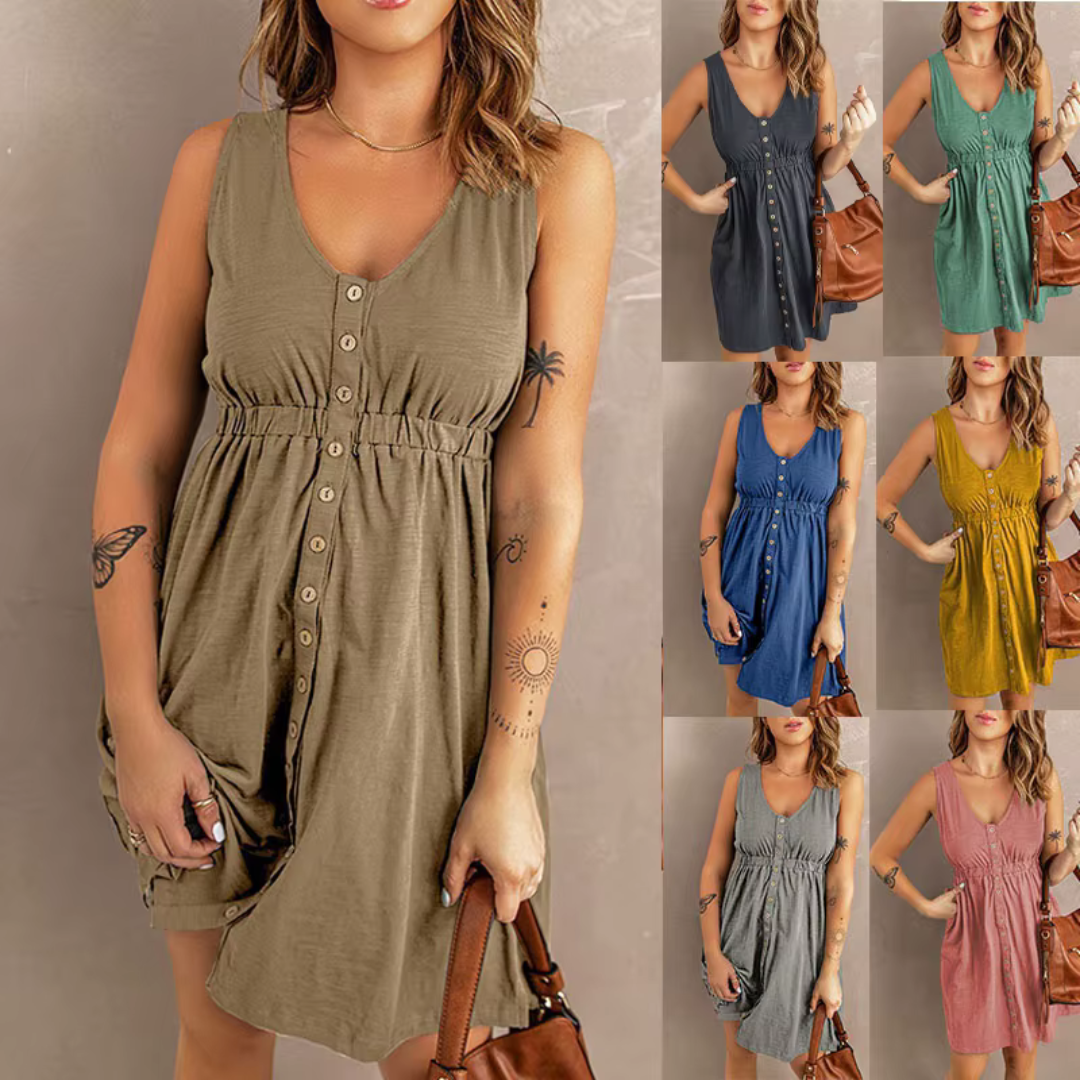 Frau in ärmellosem, knielangem Sommerkleid mit Knopfleiste, erhältlich in verschiedenen Farben. Modetrend, Damenmode, Freizeitkleid.