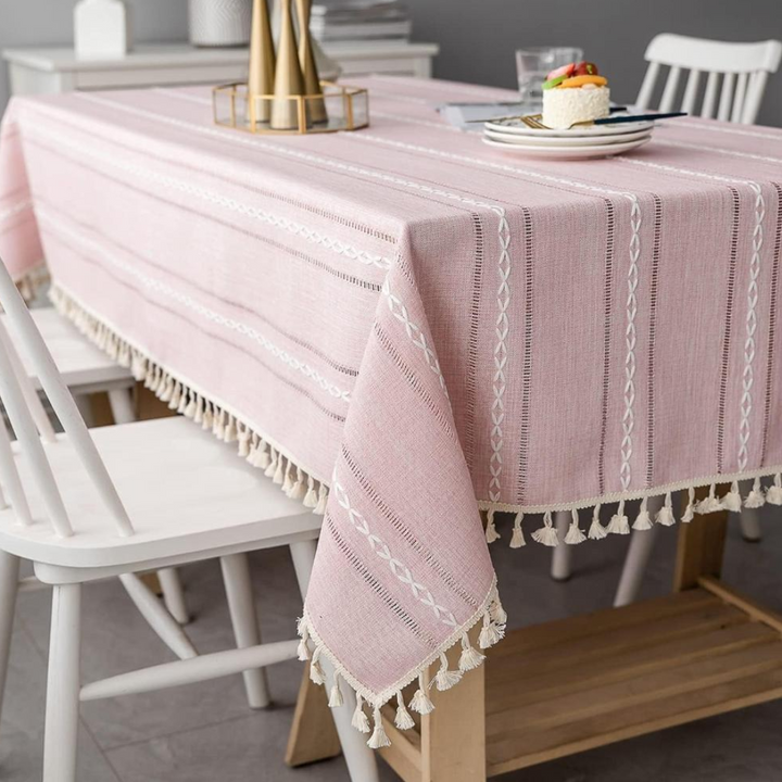 Elegante Baumwoll-Leinen-Tischdecke | Rustikale Tischdecke mit Stickerei und Quastensaum