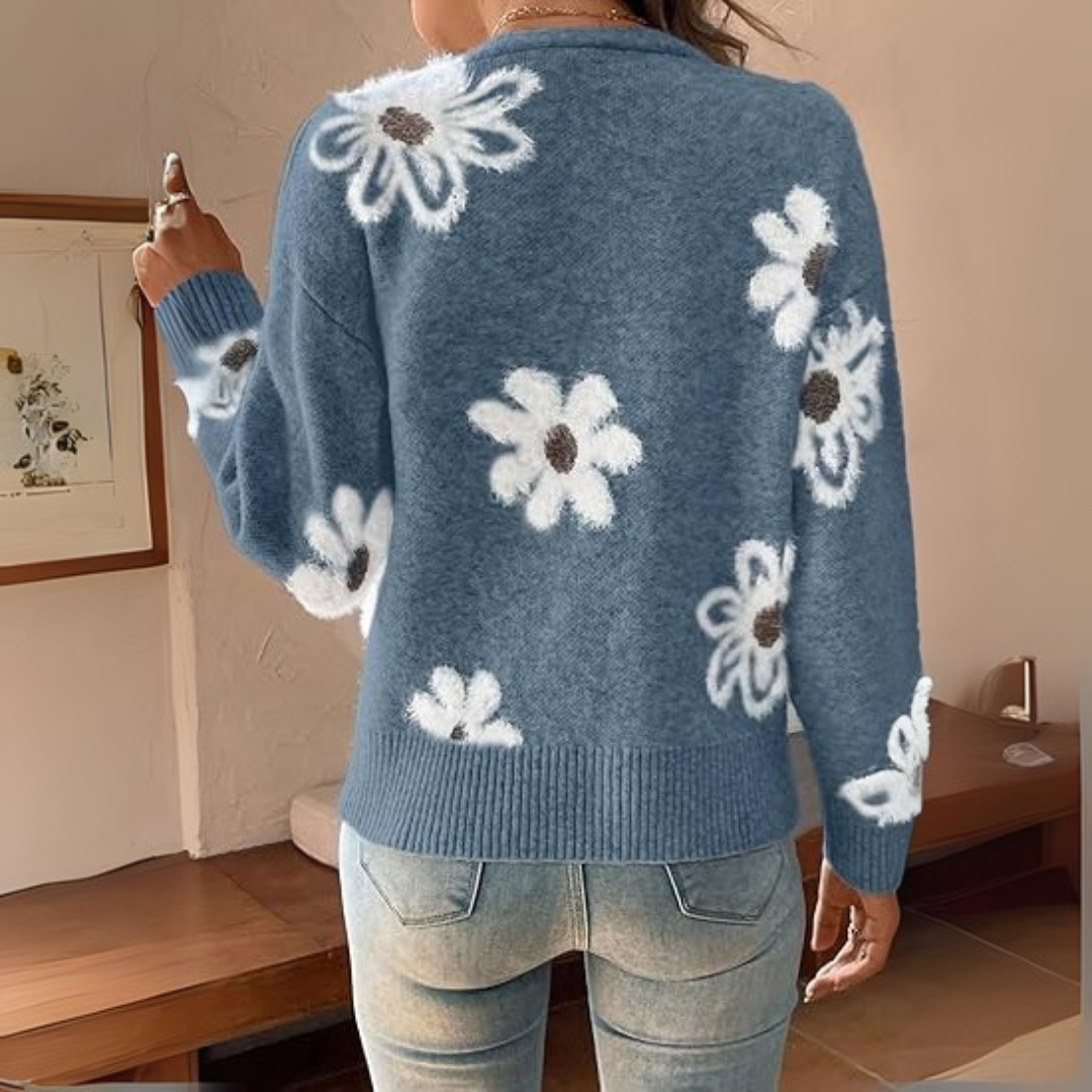 Irma-Strickjacke | Leichte Strickjacke mit überschnittenen Schultern und Blumenmuster