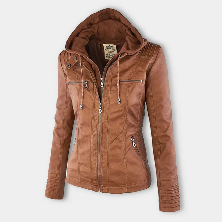 Kunstlederjacke für den Herbst - Wetterfeste Übergansjacke mit Kapuze für Damen