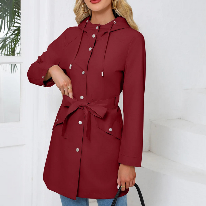 Regenjacke für den Herbst - Wasserfeste Lange Übergangsjacke mit Gürtel und Kapuze für Damen