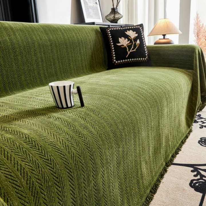 Herringbone Sofaüberwurf | Elegante Chenille Sofahusse mit Fransen