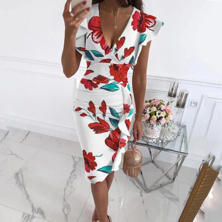 Amelia Kleid | Elegantes Kleid mit V-Ausschnitt, Blumenmuster und plissierten Ärmeln
