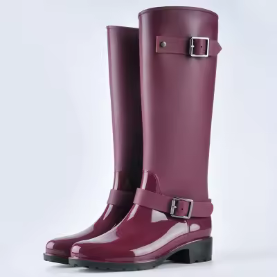 Regenstiefel für den Herbst - Wasserdichte hohe Gummistiefel mit Schnallen und Absatz für Damen