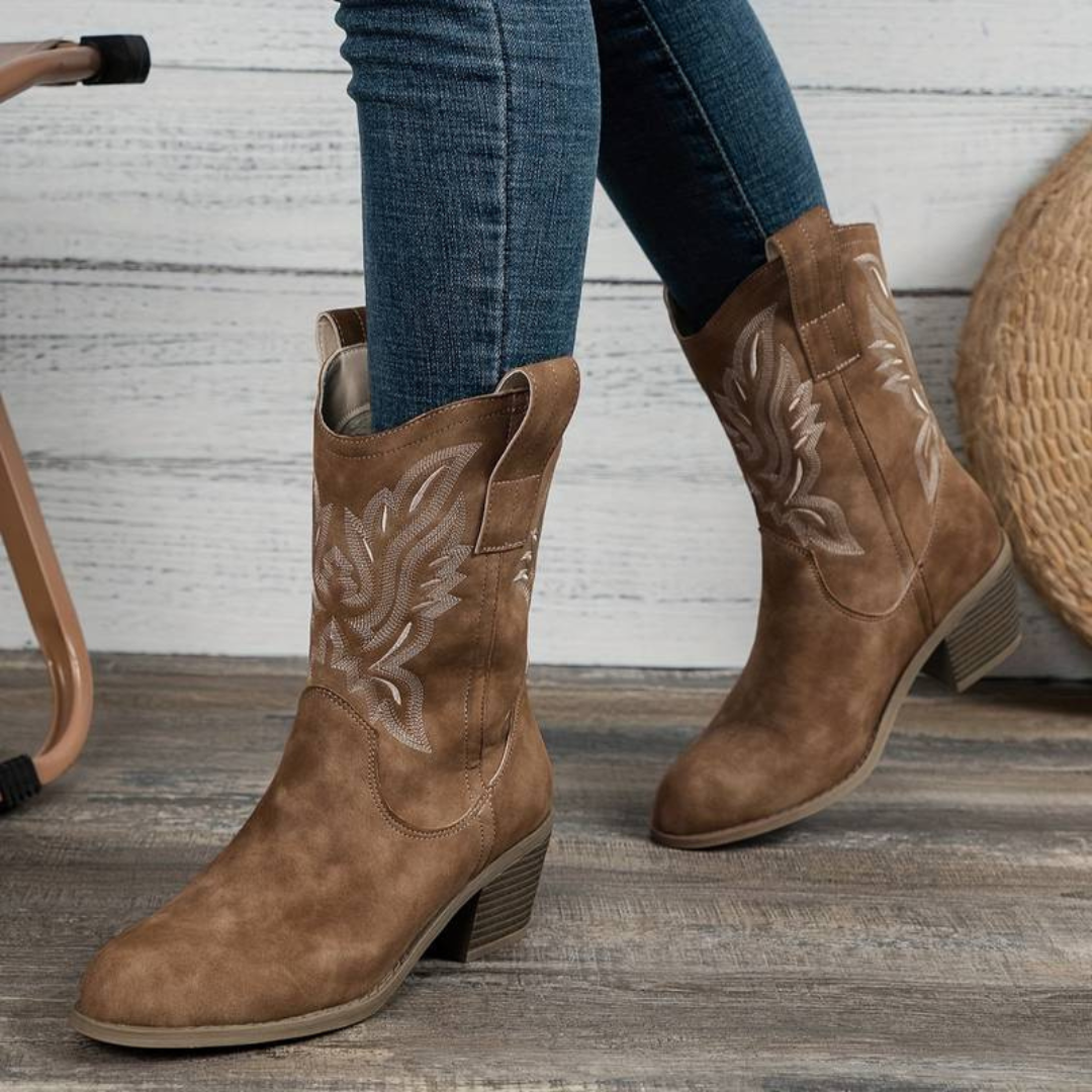 Braune Cowboystiefel mit Stickerei, getragen von Person in blauen Jeans auf Holzboden. Modische Westernstiefel, Damenmode, Herbsttrends.