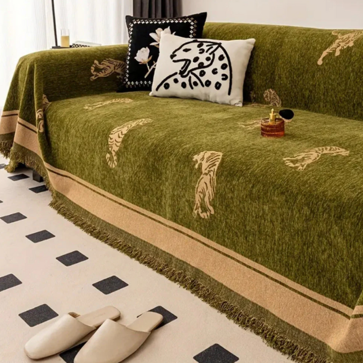 Safari Tiger Chenille Sofabezug | Wendbare Premium-Sofaabdeckung mit Tigermuster