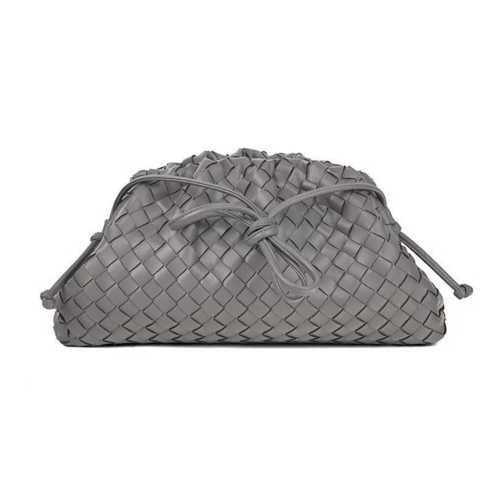 Graue geflochtene Designer-Handtasche aus Leder mit Kordelzug, stilvoll und elegant. Perfekt für Modebewusste und Accessoire-Liebhaber.