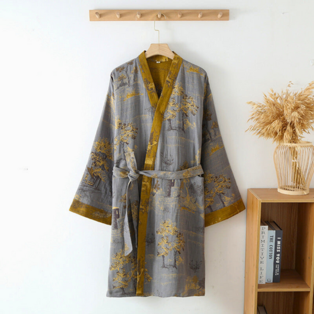 Luxuriöser Kimono-Bademantel aus reiner Baumwolle im Retro-Stil