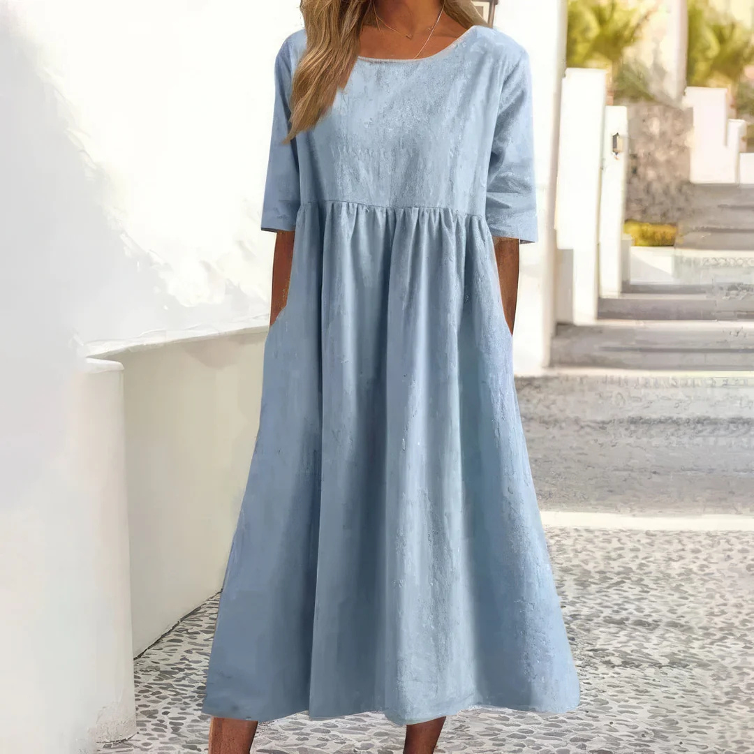 Sommer Kleid Linnenlook - Baumwollkleid mit Rundhalsausschnitt und Taschen