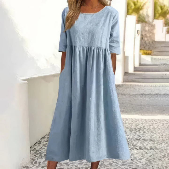 Sommer Kleid Linnenlook - Baumwollkleid mit Rundhalsausschnitt und Taschen