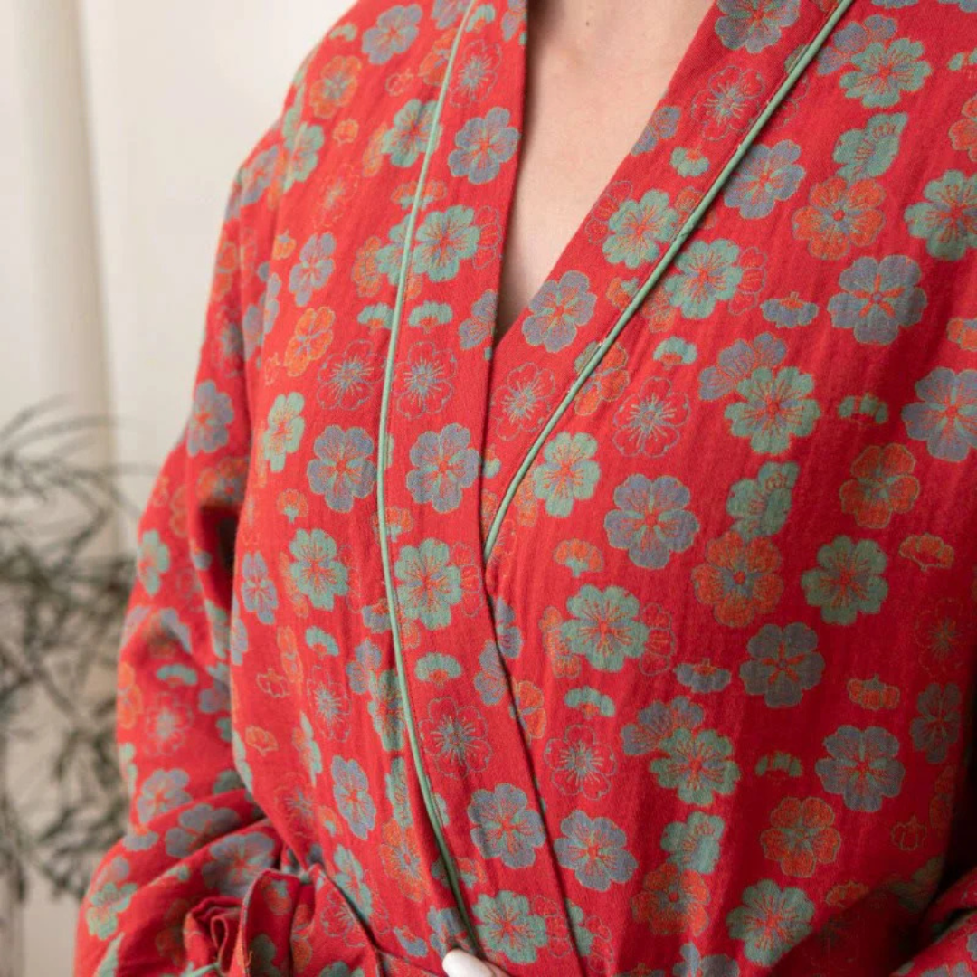 Plum Blossom Baumwoll-Bademantel mit Gürtel