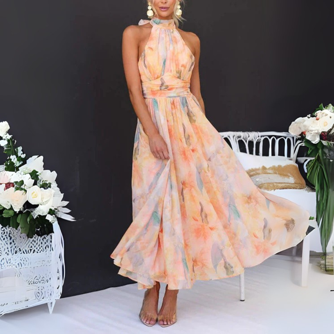 Sommer Kleid Damen - Elegantes Maxikleid mit Halterneck und Aquarelldruck