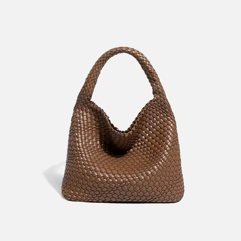 Braune, geflochtene Lederhandtasche mit Henkeln, modisches Accessoire, elegantes Design, ideal für Damen, hochwertige Verarbeitung, stilvoll und zeitlos.