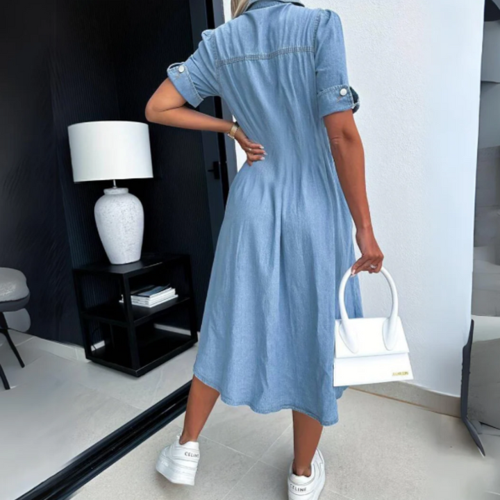 Jeans Kleid Damen Midi - Blaues Trendy Denim Blusenkleid mit Knöpfen