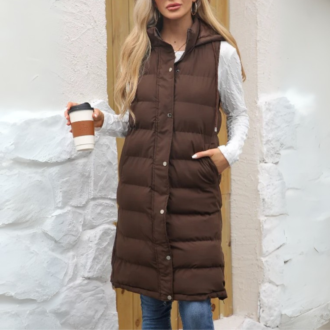 Lange Steppweste für kalte Tage - Warme Daunenweste mit Kapuze für Damen