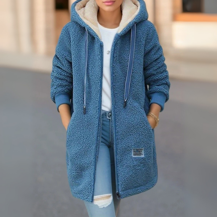 Fleecejacke für den kalte Tage - Stilvolle Lange Übergansjacke mit Kapuze für Damen