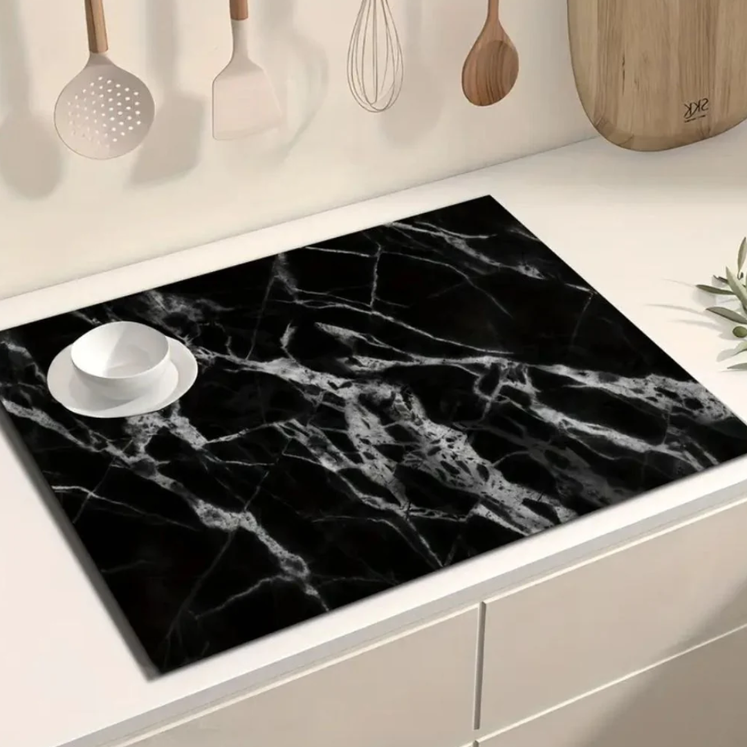Premium Marmordruck Geschirrtrockenmatte | Spritzwasserfeste Küchenmatte mit Antirutschbasis