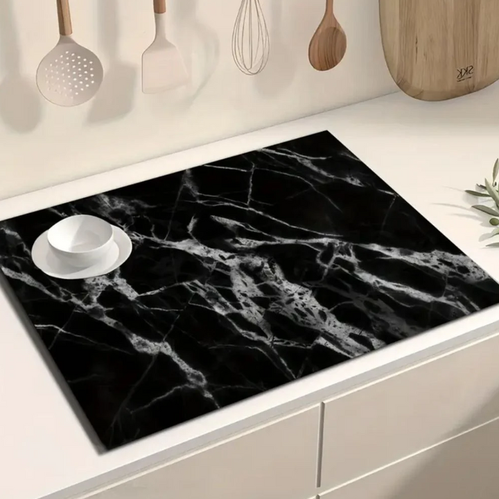 Premium Marmordruck Geschirrtrockenmatte | Spritzwasserfeste Küchenmatte mit Antirutschbasis