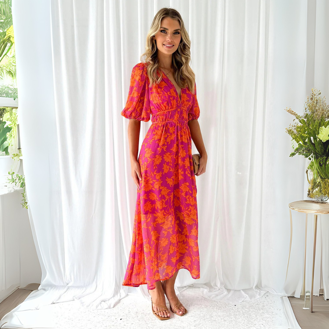 Sommerkleid für Damen - Geblümtes Midikleid mit V-Ausschnitt und Puffärmeln