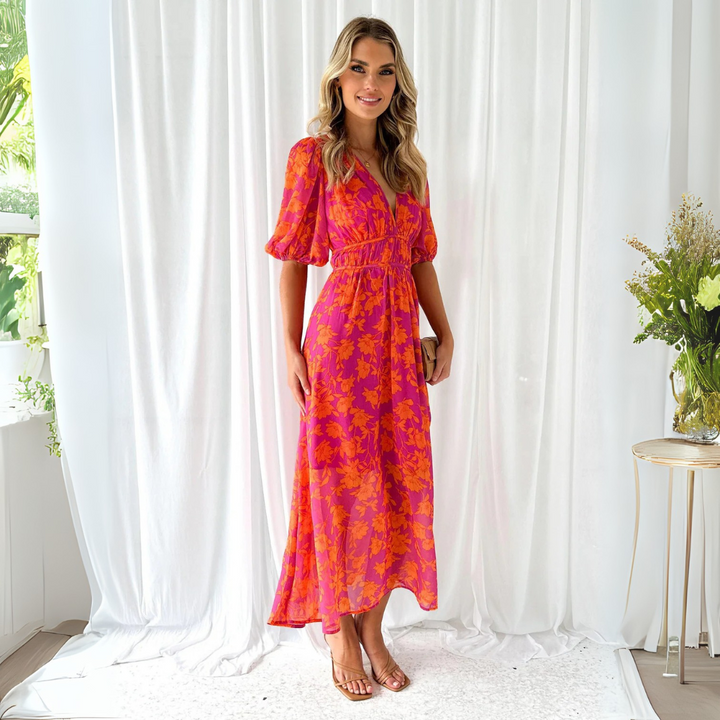 Sommerkleid für Damen - Geblümtes Midikleid mit V-Ausschnitt und Puffärmeln
