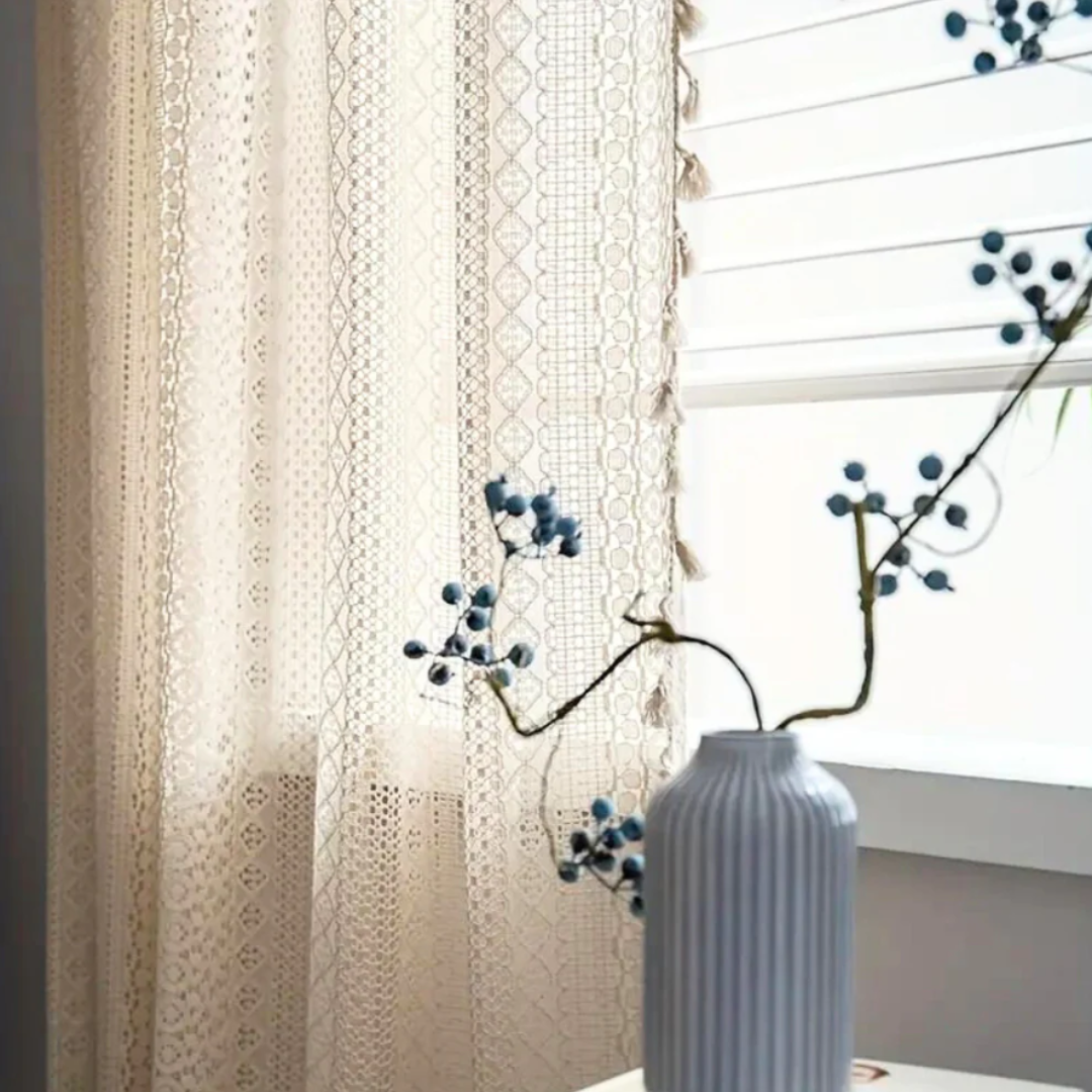 Böhmischer Häkelvorhang | Vintage-Fenstervorhang mit Quasten und geometrischem Muster