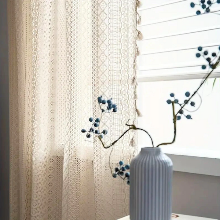 Böhmischer Häkelvorhang | Vintage-Fenstervorhang mit Quasten und geometrischem Muster