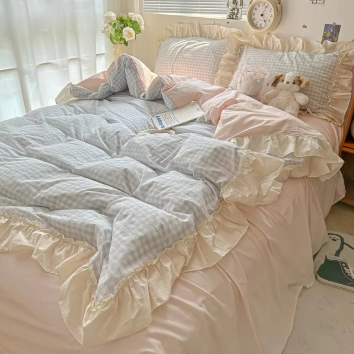 Gingham Rüschen-Bettwäsche-Set | Verspieltes Karo im Landhausstil