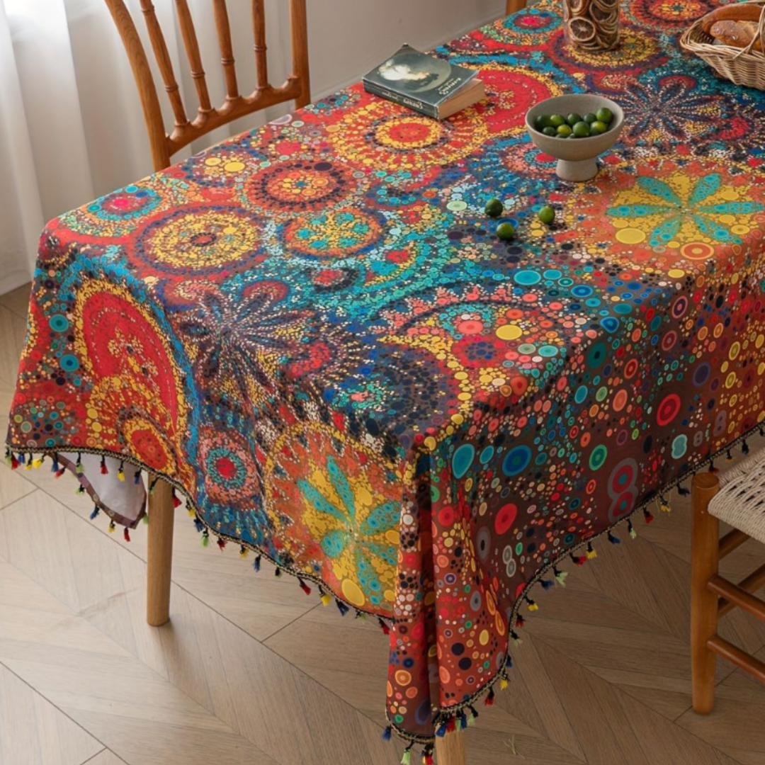 Hypno Bloom Quasten-Tischdecke | Böhmische Mandala-Tischdecke mit geometrischen Mustern