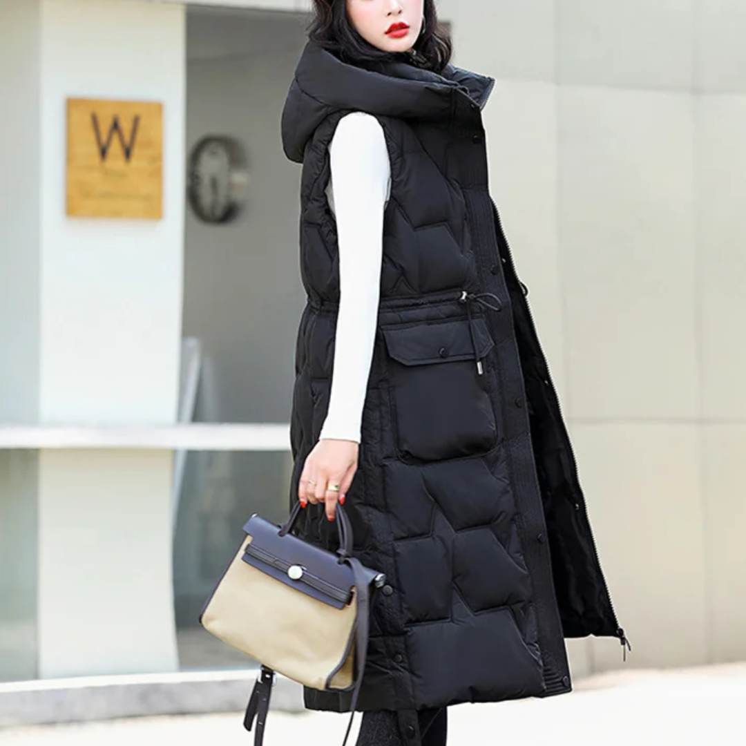 Lange Steppweste für kalte Tage - Stilvolle Daunenweste mit Kapuze für Damen