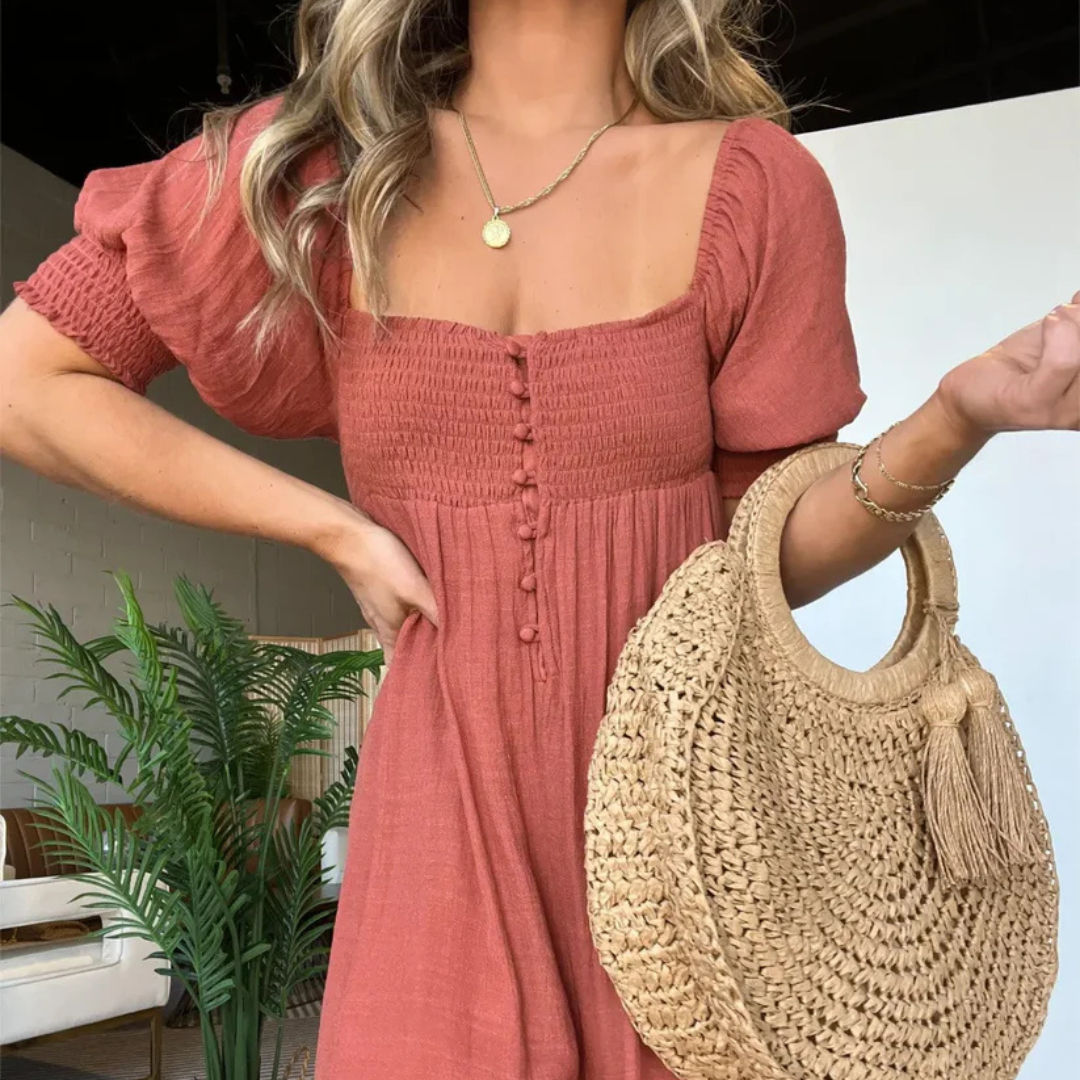 Lena Boho-Kleid | Maxikleid mit Puffärmeln und Smok-Details für Frauen