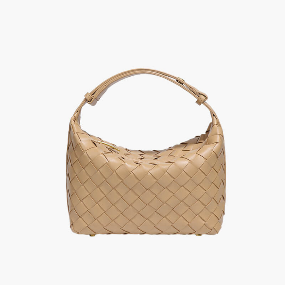 Beigefarbene, geflochtene Handtasche mit kurzem Henkel, elegantes Design, modisches Accessoire, ideal für Damen, hochwertige Verarbeitung.