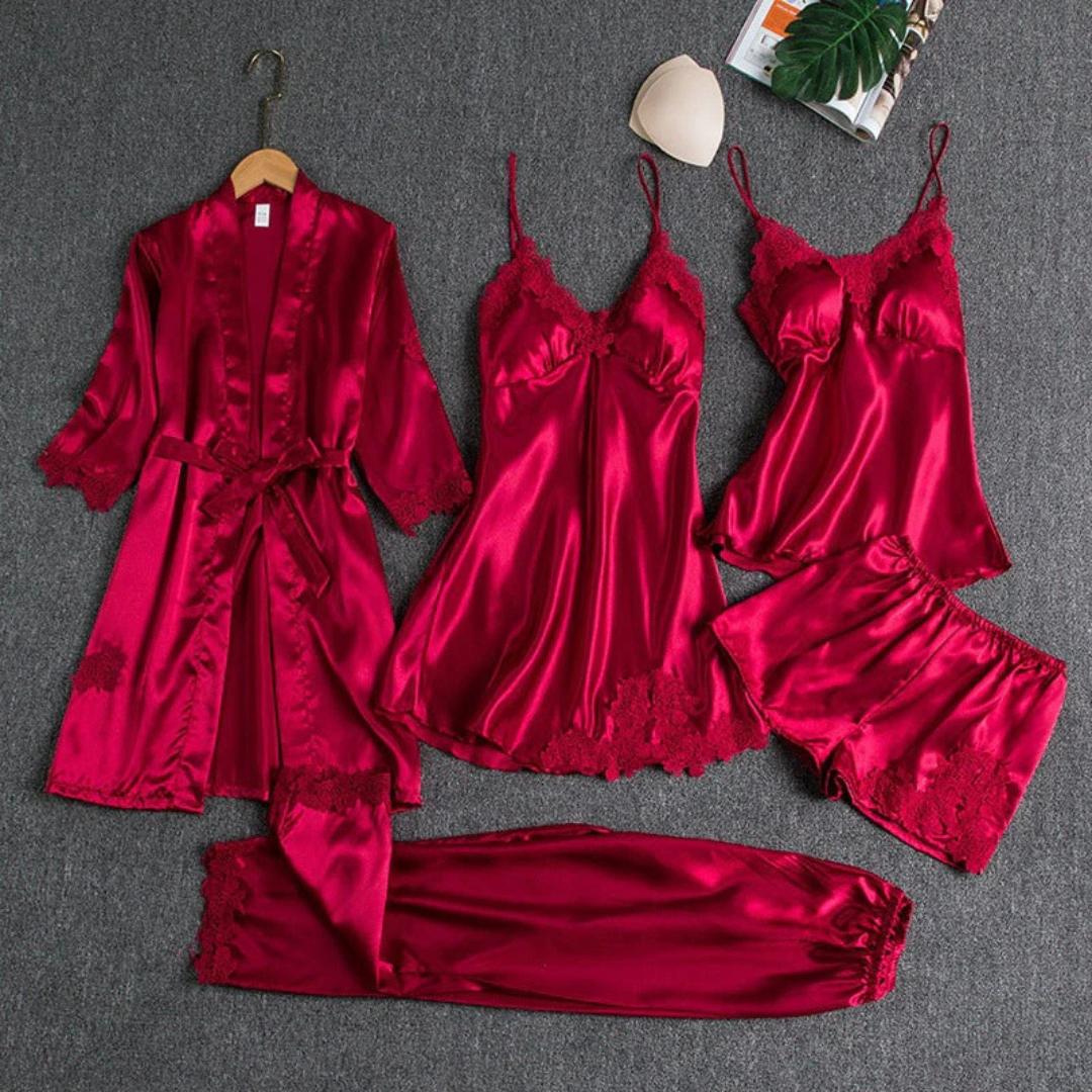 Charlotte Satinset | Luxuriöses Damen Pyjama Set mit Spitze Morgenmantel Nachthemd Hose & Top
