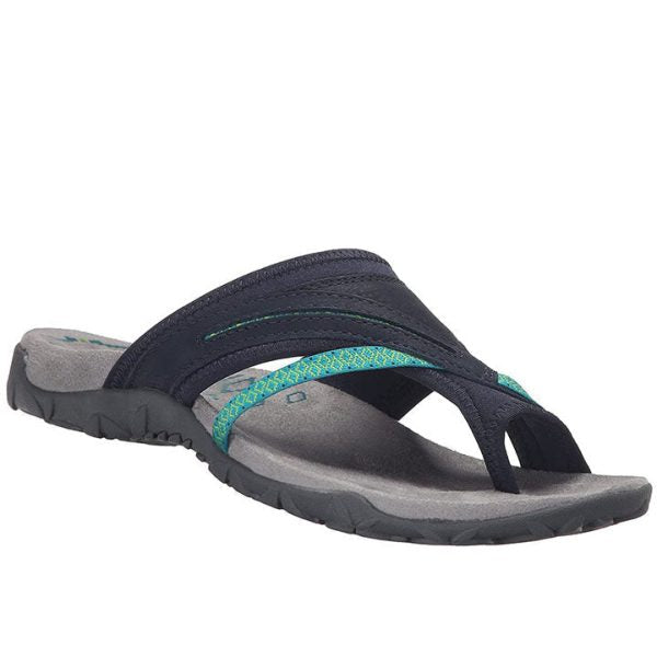 Schwarze Outdoor-Sandale mit grünem Akzent, rutschfeste Sohle, ideal für Sommer und Freizeit. Bequeme Zehensandale für Damen.