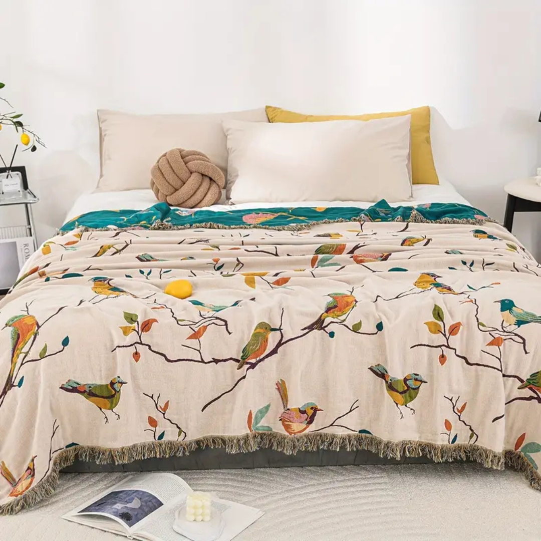 Whimsical Bird Quasten-Baumwolldecke | Boho-Wohndecke mit Vogelmotiv und dekorativen Fransen