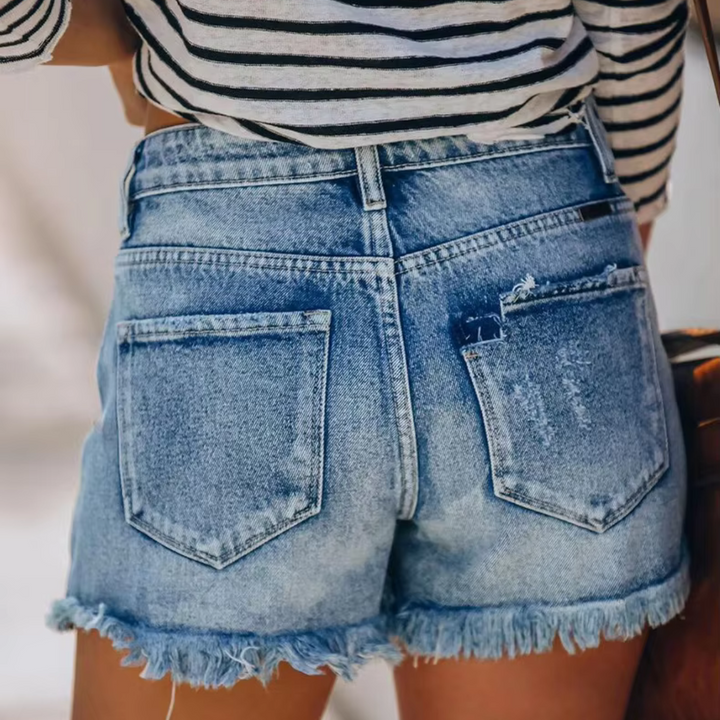 Zoe Jeansshorts | Damen Destroyed Denim Shorts High-Waist Vintage Look Fransen & Risse