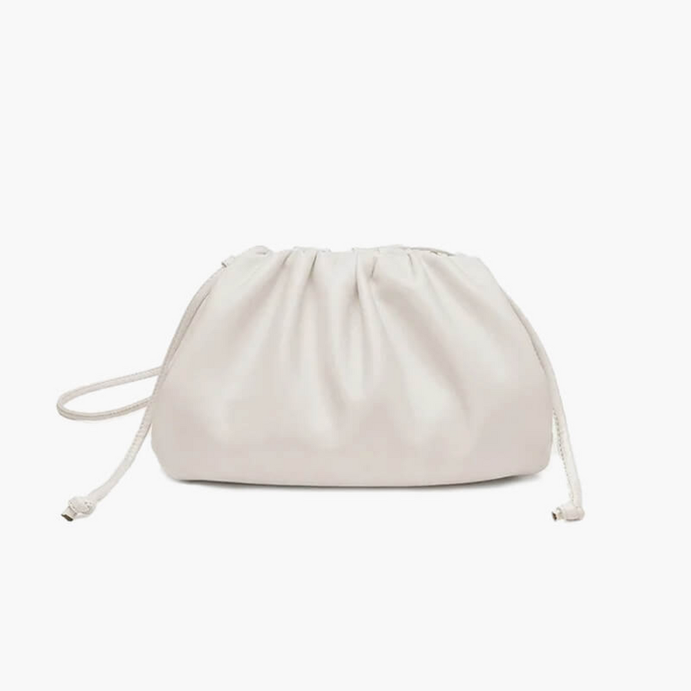 Weiße Lederhandtasche mit Kordelzug, minimalistisches Design, modisches Accessoire, Damenmode, elegante Tasche für Alltag und besondere Anlässe.