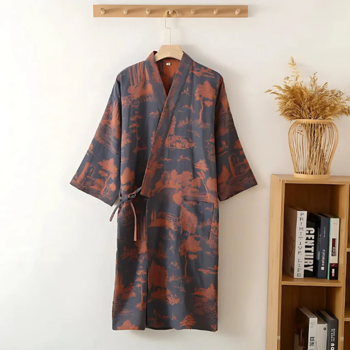 Kimono-Bademantel mit Waldmotiv aus weicher Baumwolle