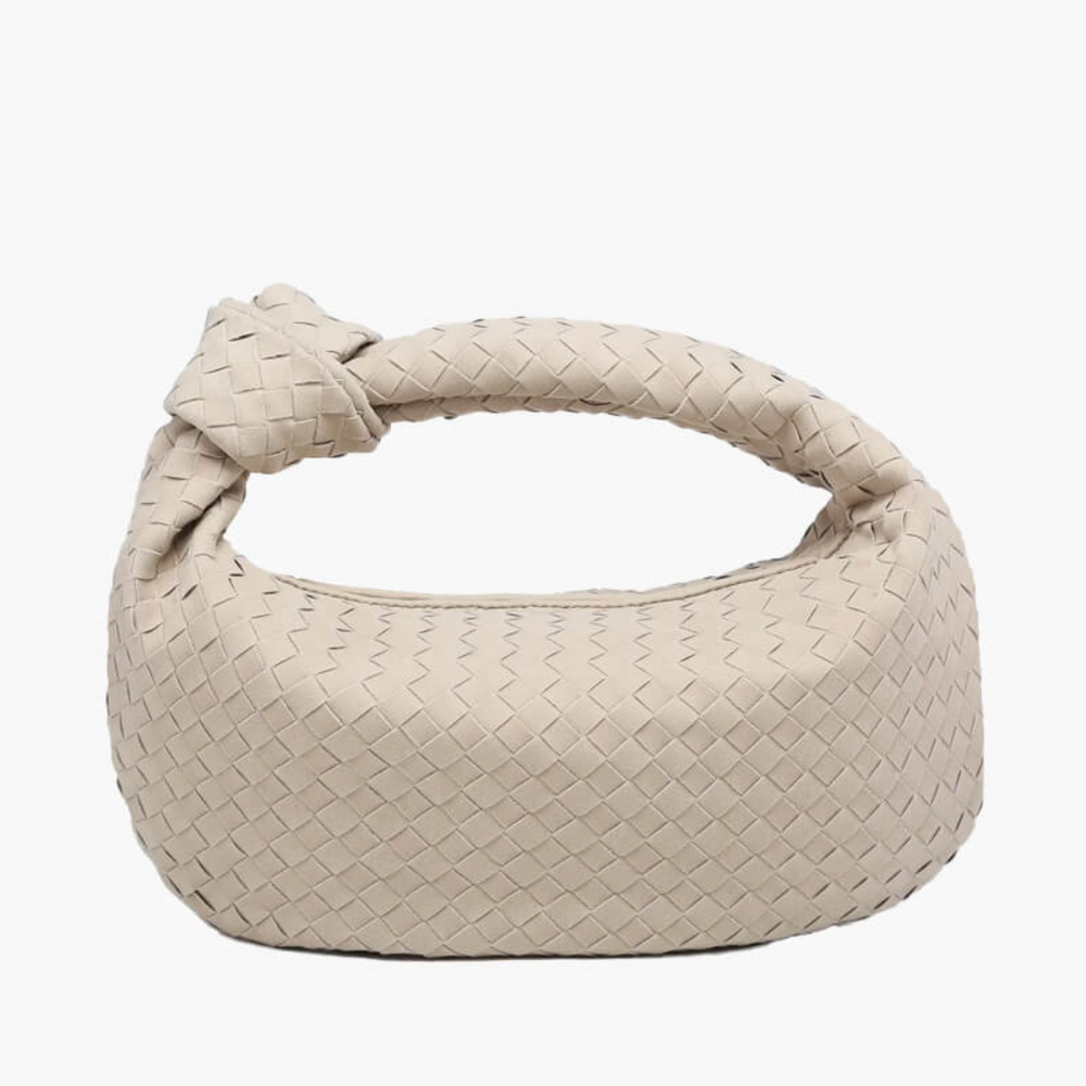 Beigefarbene, geflochtene Designer-Handtasche mit Knoten-Detail, modisches Accessoire, luxuriöses Design, ideal für stilvolle Outfits.
