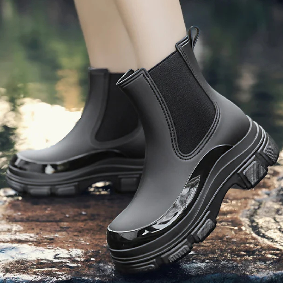 Regenstiefel für den Herbst - Wasserdichte Chelsea Gummistiefel mit Chunky Platform-Sohle für Damen