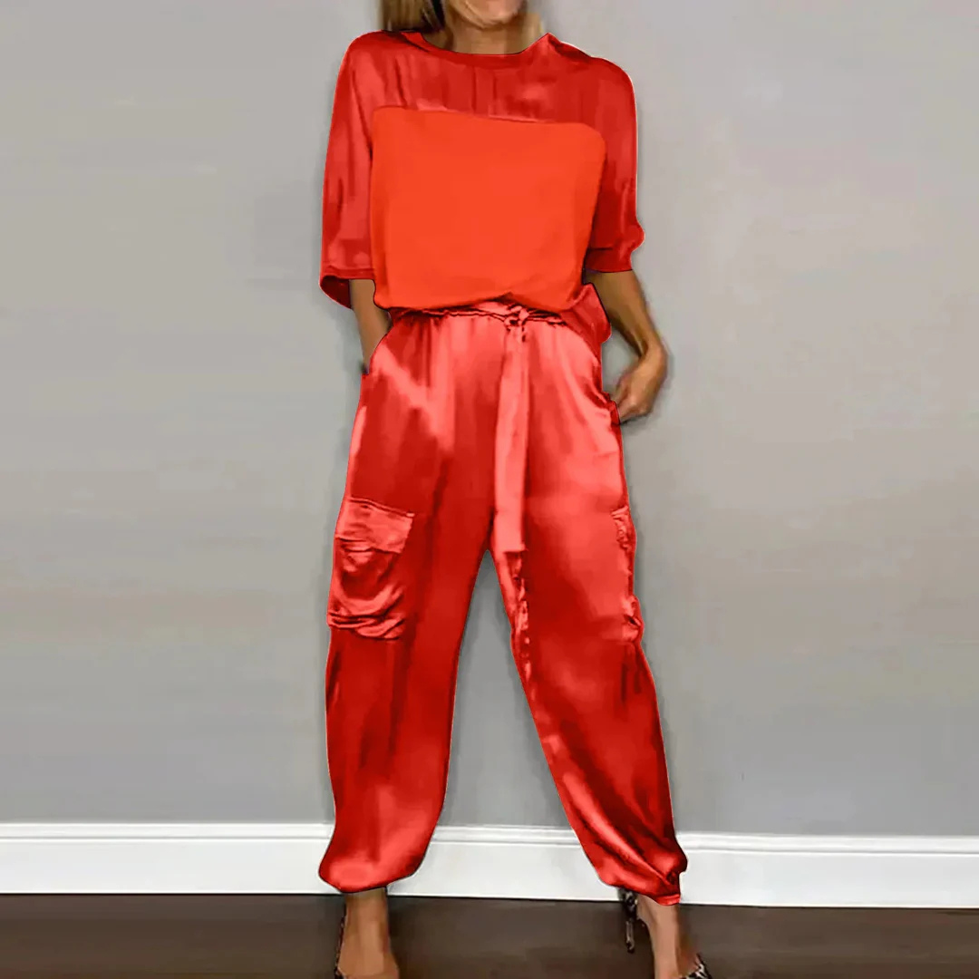 Marianne Satinanzug | Eleganter Damen Zweiteiler Oberteil mit Halbarm Glänzende Hose Lounge Wear