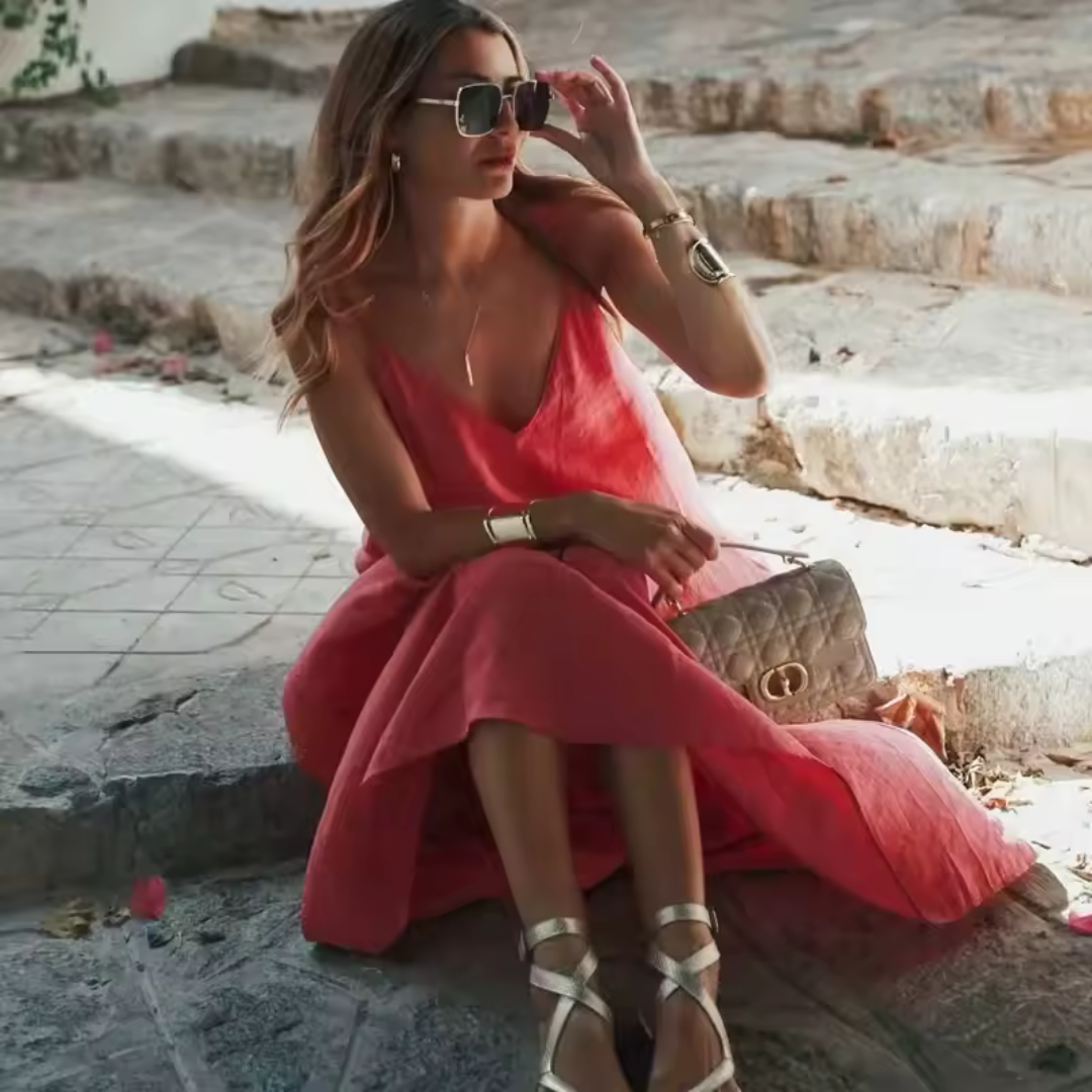 Frau in rotem Sommerkleid sitzt auf Steintreppe, trägt Sonnenbrille und goldene Sandalen, hält Designer-Handtasche. Elegante Sommermode, stilvoll.