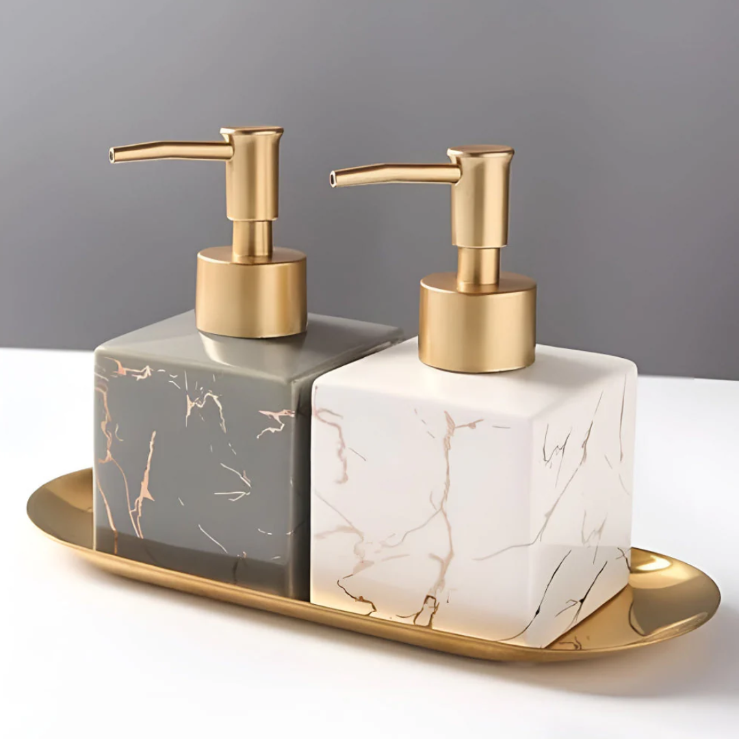 Luxus Marmor-Seifenspender | Eleganter Keramikspender mit Goldpumpe für Bad und Küche