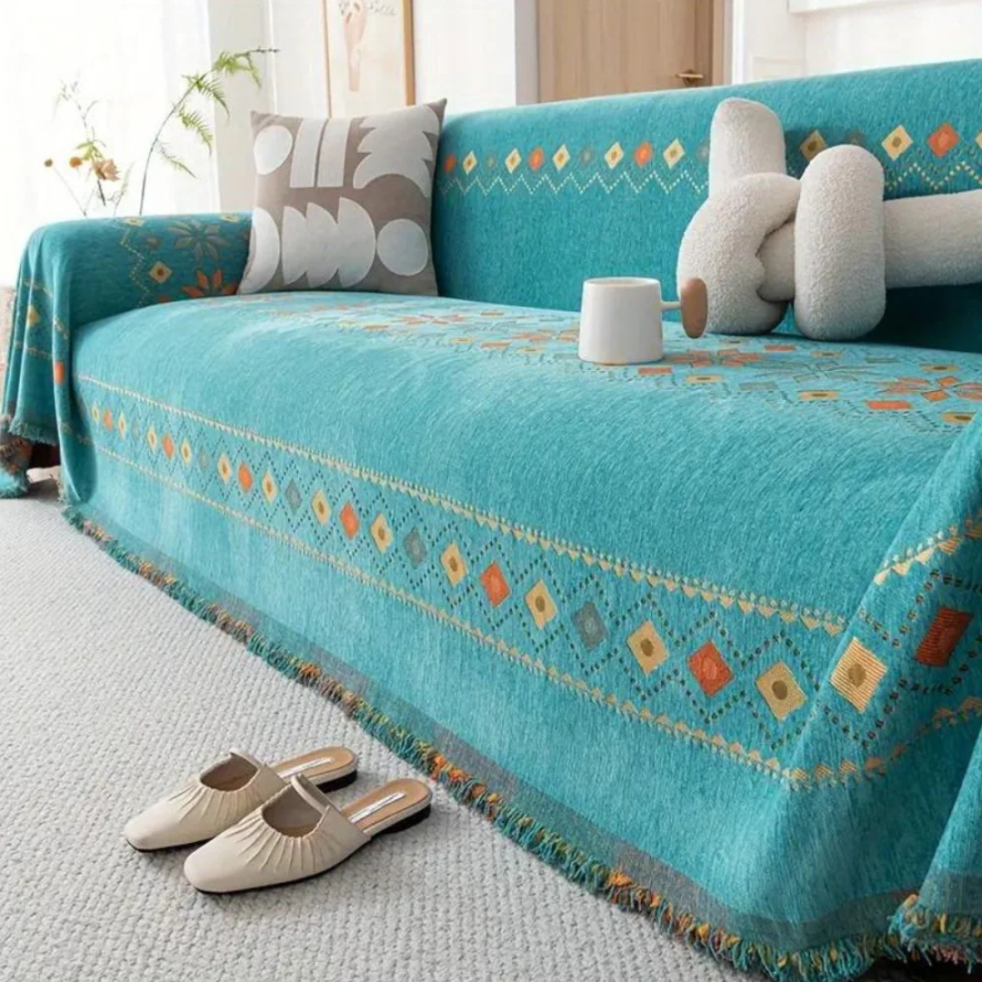 Boho-Sofabezug | Stilvolle Universal-Husse mit Antirutsch-Funktion und Quasten-Design