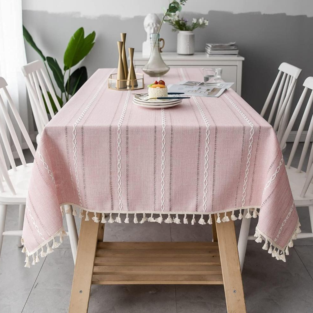 Elegante Baumwoll-Leinen-Tischdecke | Rustikale Tischdecke mit Stickerei und Quastensaum