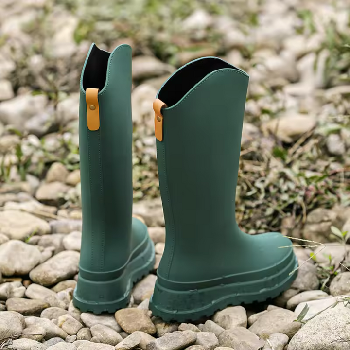 Regenstiefel für den Herbst - Wasserdichte hohe Gummistiefel mit rutschfester Komfort Sohle für Damen