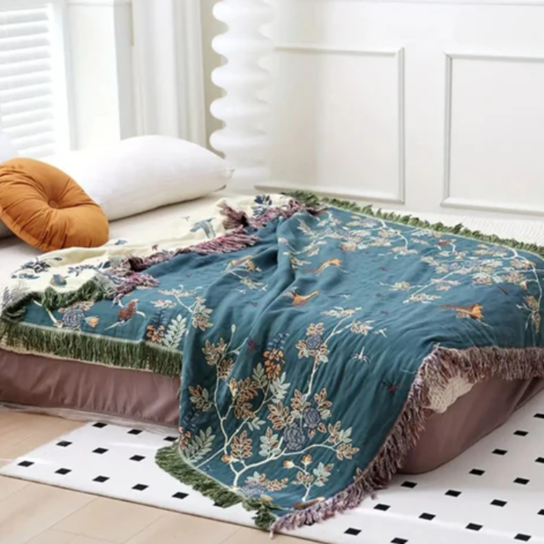Ornate Mehrschicht-Baumwolldecke | Luxuriöse Wohndecke mit Jacquard-Muster und Quasten