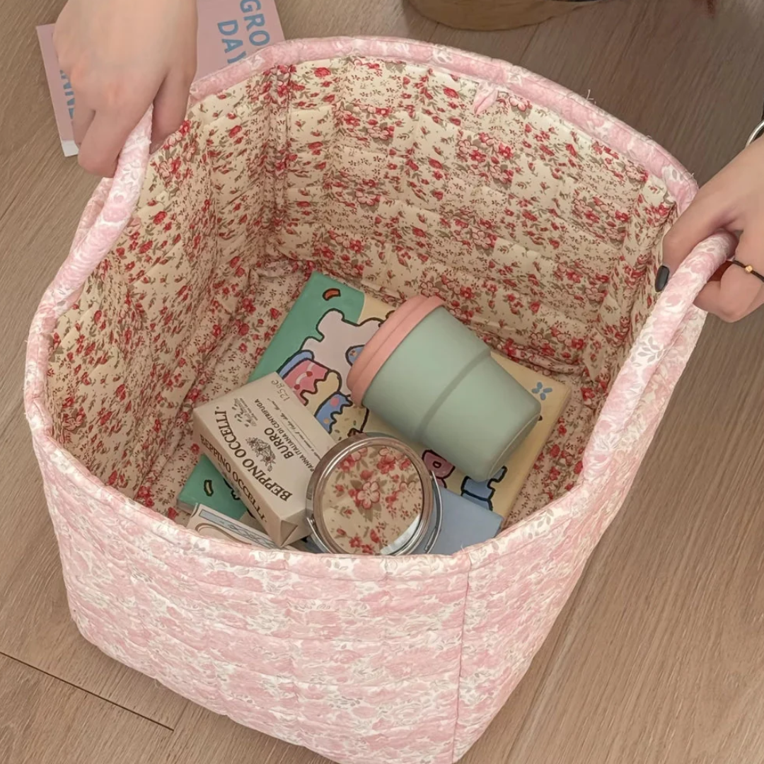 Blumen-Aufbewahrungskorb Gesteppt | Vielseitige Textil-Organizer mit Floralmuster für Haushalt