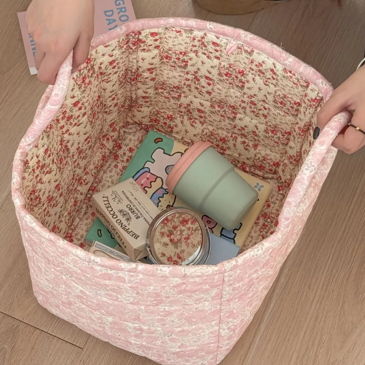 Blumen-Aufbewahrungskorb Gesteppt | Vielseitige Textil-Organizer mit Floralmuster für Haushalt