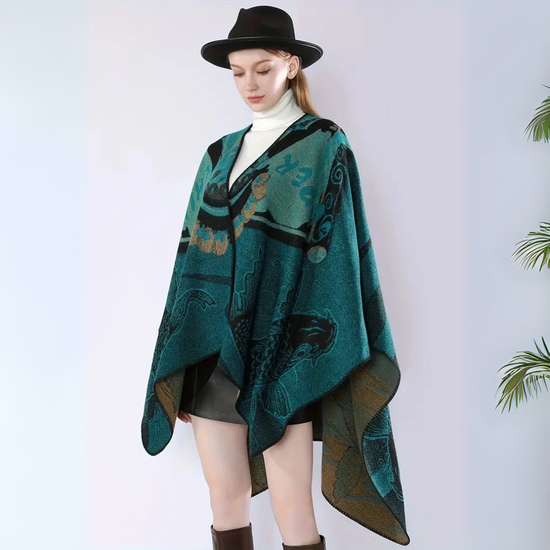 Runenstein Reversible Poncho aus weichem Kaschmirimitat mit Fischmotiven